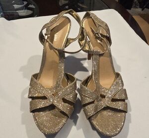 Gianni Bini Gold Glitter T-Strap Heels